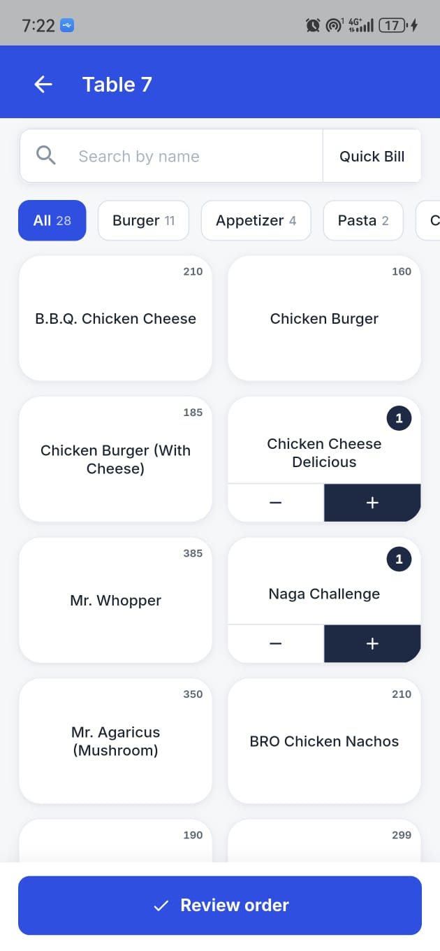 Tables screen on the phone app