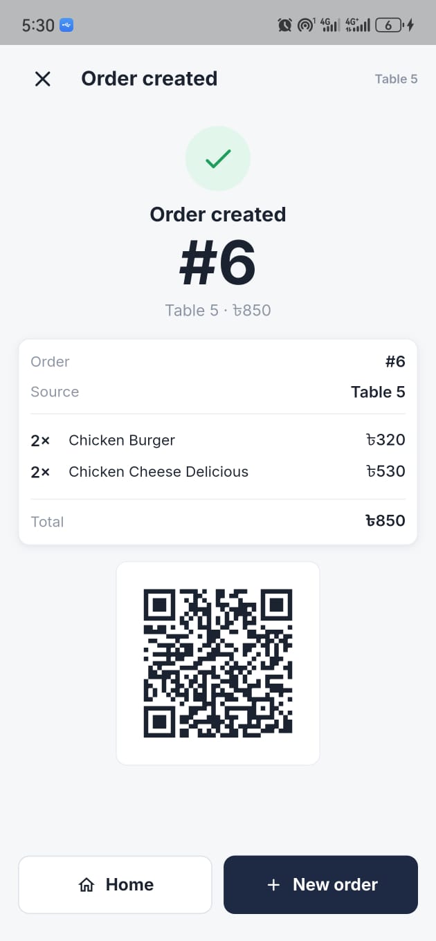 Order accepted screen with customer token