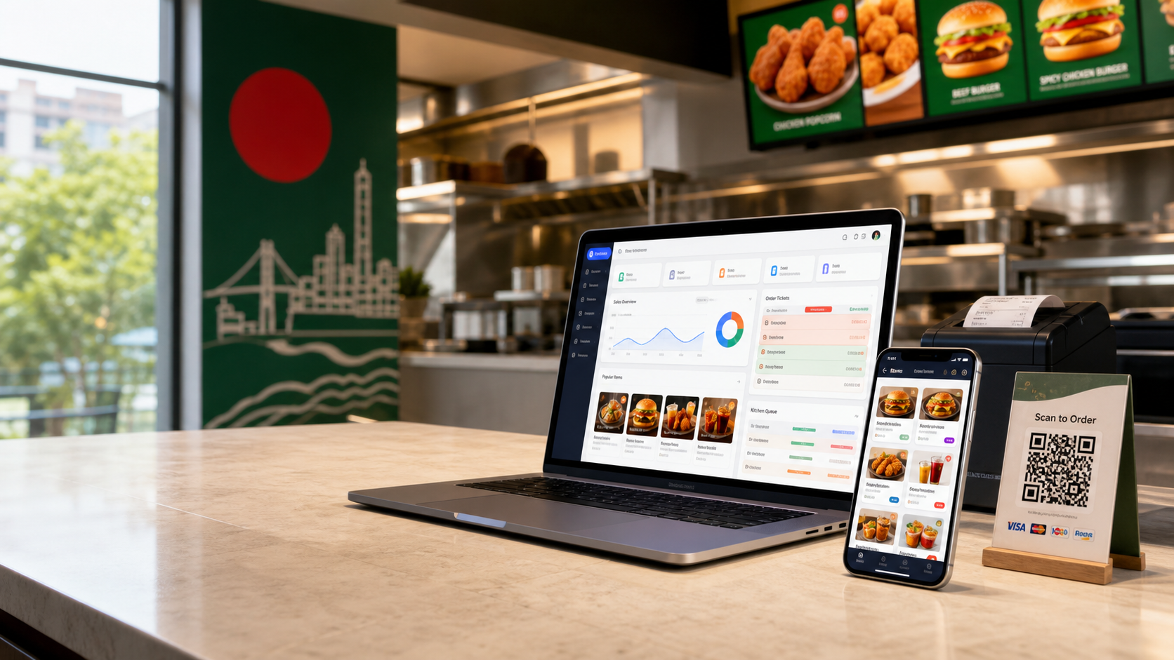 QuickBytes restaurant POS shown on a laptop and phone at a restaurant counter